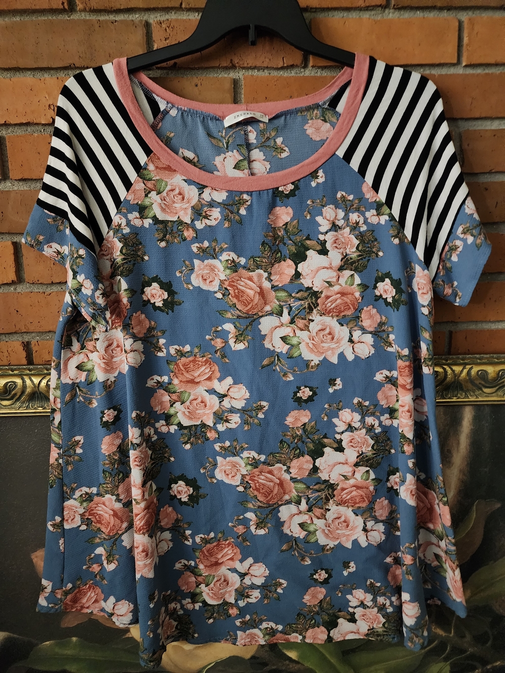 Emerald Plus Size Blue Floral Raglan Tee with Pink Trim 3x
